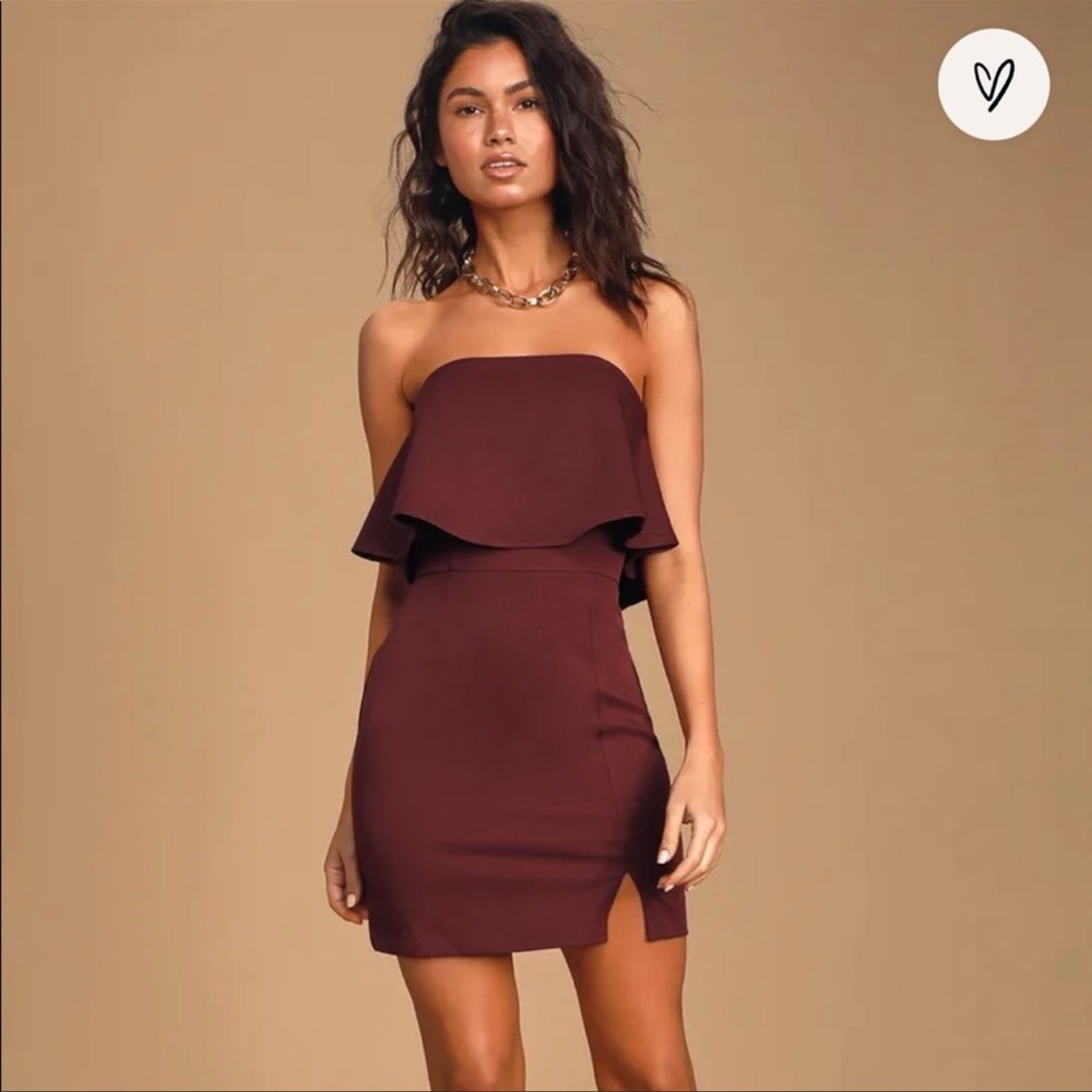 Burgundy strapless body-con dress from Lulu’s. Size Small, tags on, never worn.